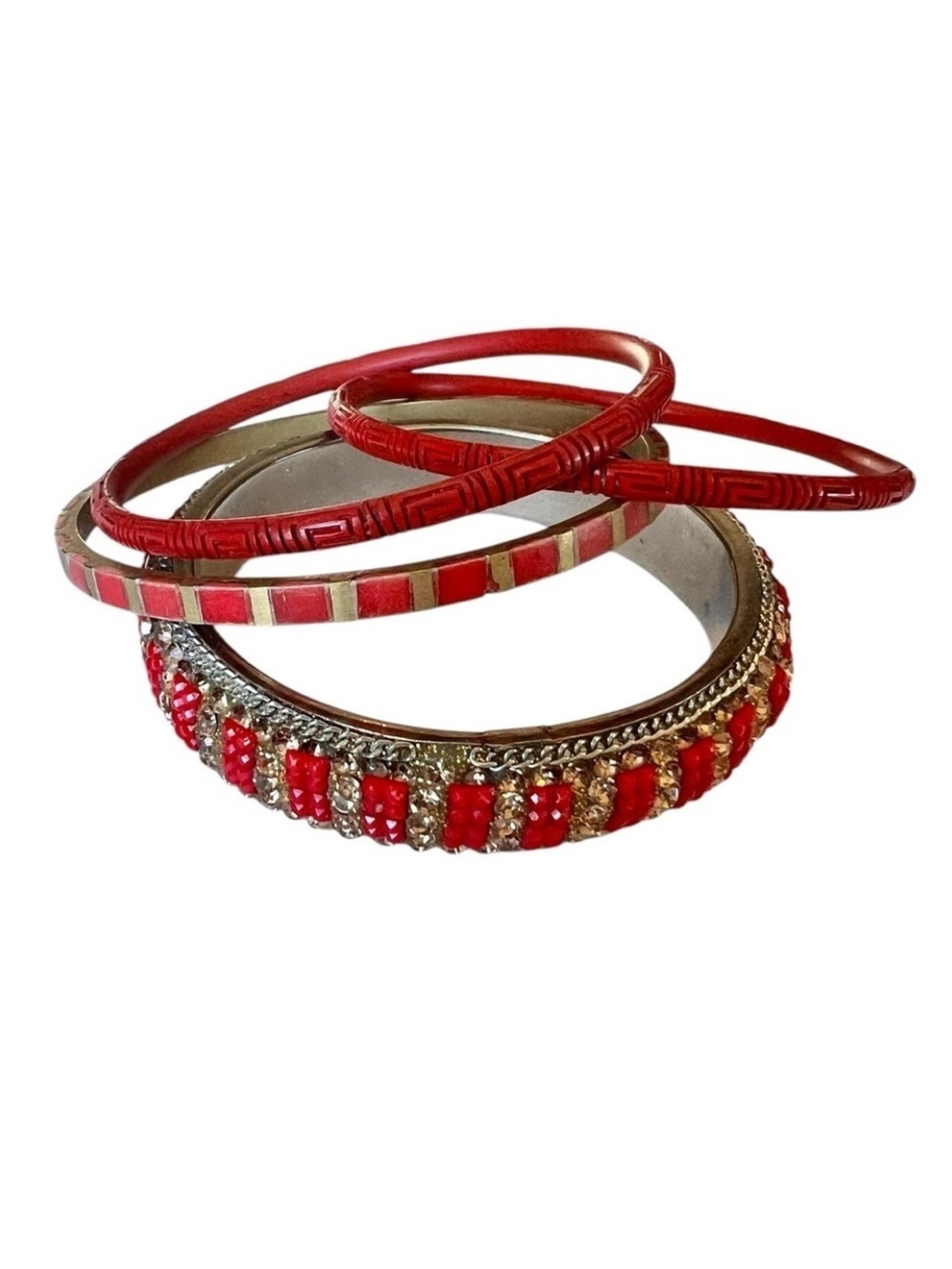 Set of Vintage Red Ethic Bangle Bracelets Carved Wood Stone Indian Boho